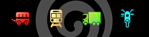 Set Wild west covered wagon, Train and railway, Delivery cargo truck and Scooter icon. Vector