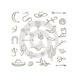 Set of wild west line illustrations in square composition with cactus, moon, horn, arrow, hat.