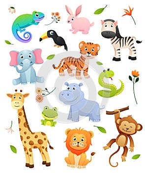 Set of wildlife animals cartoon character with decorative natural elements . Vector