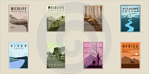 set of wildlife poster vintage minimalist vector illustration template graphic design. bundle collection of various forest outdoor