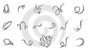 Set of wind blow set in doodle style, vector illustration on white background. A wave of cold air during windy weather. Rush