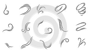 Set of wind blow set in doodle style, vector illustration on white background. A wave of cold air during windy weather. Rush