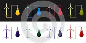 Set Wind mill turbine generating power energy and bulb icon isolated on black and white background. Natural renewable