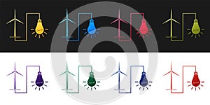 Set Wind mill turbine generating power energy and light bulb icon isolated on black and white background. Natural
