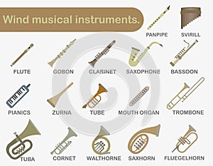 A set of wind musical instruments. Colored wind musical instruments with the title