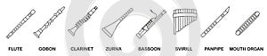 Set of wind musical instruments. Wind musical instruments with the name in a thin line