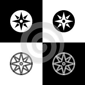 Set Wind rose icon isolated on black and white background. Compass icon for travel. Navigation design. Vector