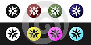 Set Wind rose icon isolated on black and white background. Compass icon for travel. Navigation design. Vector