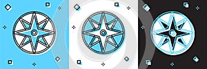 Set Wind rose icon isolated on blue and white, black background. Compass icon for travel. Navigation design. Vector