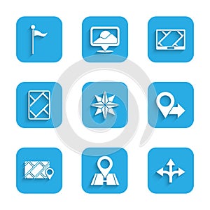 Set Wind rose, Location, Road traffic sign, City map navigation, Gps device with, and marker icon. Vector