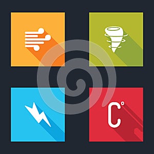 Set Wind, Tornado, Lightning bolt and Celsius icon. Vector