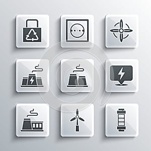 Set Wind turbine, Battery, Lightning bolt, Factory, Power station plant factory, Paper bag with recycle and icon. Vector