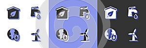 Set Wind turbine, Eco friendly house, Earth with shield and Water tap icon. Vector