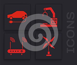 Set Wind turbine, Electric car, Robotic robot arm hand factory and Router and wi-fi signal icon. Vector