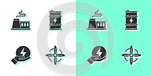 Set Wind turbine, Factory, Lightning bolt and Bio fuel barrel icon. Vector