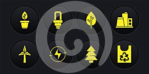 Set Wind turbine, Factory, Lightning bolt, Christmas tree, Tree, LED light bulb, Plastic bag with recycle and Plant pot