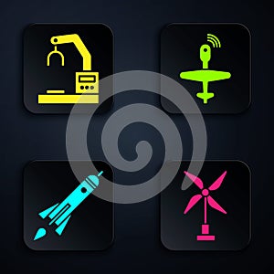 Set Wind turbine, Robotic robot arm hand factory, Rocket ship with fire and UAV Drone. Black square button. Vector