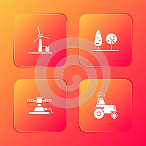 Set Wind turbine, Trees, Automatic irrigation sprinklers and Wireless tractor smart farm icon. Vector