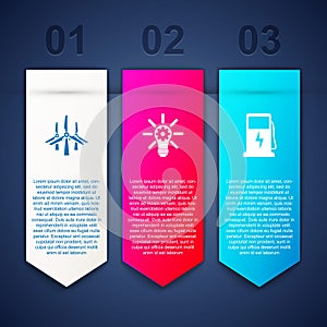 Set Wind turbines, Light bulb with gear and Electric car charging station. Business infographic template. Vector