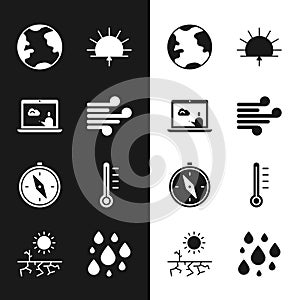 Set Wind, Weather forecast, Earth globe, Sunrise, Compass, Meteorology thermometer, Water drop and Drought icon. Vector