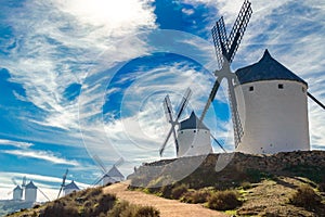 Set of windmills dating back to the 19th century on top of Cerro Calderico in Consuegra. December 26, 2018. Consuegra Toledo