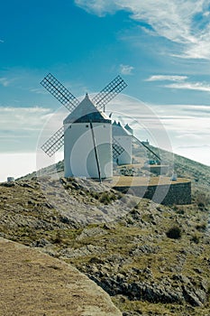 Set of windmills dating back to the 19th century on top of Cerro Calderico in Consuegra. December 26, 2018. Consuegra Toledo