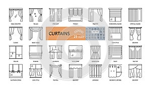 Set window curtains 25 icons with editable stroke. French, Austrian, Japanese, classic curtains, blinds, drapery, wicker, for the