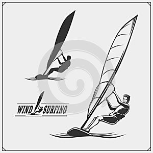 Set of windsurfing emblems, labels and badges. Surf design elements.