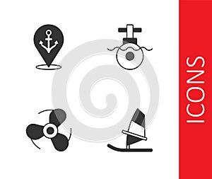 Set Windsurfing, Location with anchor, Boat propeller and Submarine icon. Vector