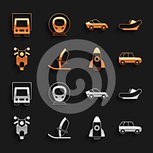 Set Windsurfing, Rafting boat, Car, Rocket ship, Scooter, Delivery cargo truck and Train and railway icon. Vector