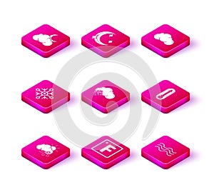 Set Windy weather, Fahrenheit, Snowflake, Cloud with snow, Waves, Thermometer, and Moon and stars icon. Vector