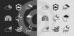 Set Windy weather, Weather forecast, Cloud with rain, Rainbow clouds, and moon, and icon. Vector