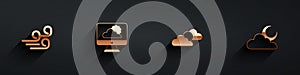 Set Windy weather, Weather forecast, Sun and cloud and Cloud with moon icon with long shadow. Vector
