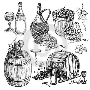 Set of wine bottle and barrel grapes