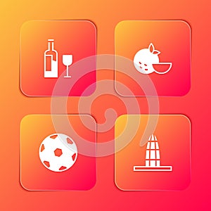 Set Wine bottle with glass, Orange fruit, Football ball and Agbar tower icon. Vector