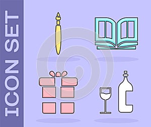 Set Wine bottle with glass, Paint brush, Gift box and Holy bible book icon. Vector