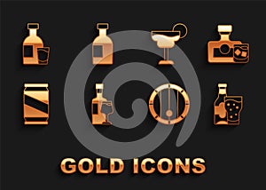 Set Wine bottle with glass, Whiskey and, Beer, Wooden barrel, can, Cocktail, Bottle of vodka and Glass icon. Vector