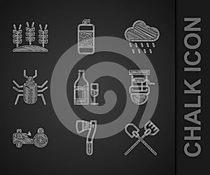 Set Wine bottle with glass, Wooden axe, Shovel, Well bucket, Tractor, Insect fly, Cloud rain and Wheat icon. Vector