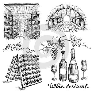 Set of wine bottles and barrels in winery or cellar