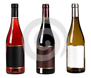 Set of wine bottles with blank lable isolated on white background