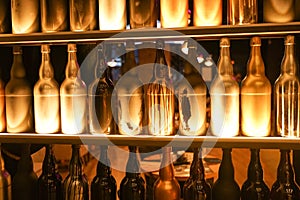 Set of wine bottles in the fashion city cafe with nobody