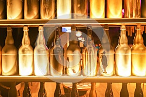 Set of wine bottles in the fashion city cafe with nobody