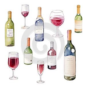 Set of wine bottles and glasses. Watercolor illustration on white background