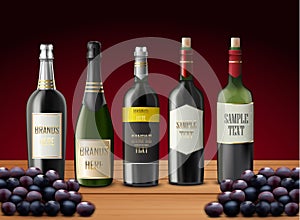 Set of wine bottles and grapes