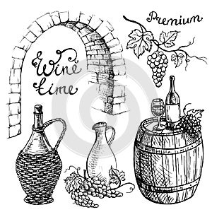 Set of wine bottles and wineglasses barrel