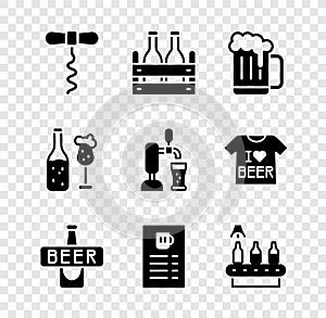 Set Wine corkscrew, Pack of beer bottles, Wooden mug, Beer, menu, Conveyor band,, glass and tap with icon. Vector