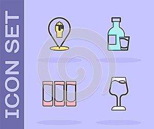 Set Wine glass, Alcohol or beer bar location, Shot and Bottle of vodka with icon. Vector