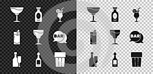 Set Wine glass, Alcohol drink Rum, Cocktail, bottle with, Champagne, Glass water, Bloody Mary and icon. Vector