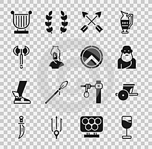 Set Wine glass, Ancient chariot, Socrates, Crossed arrows, bust sculpture, Medieval axe, lyre and Greek shield icon