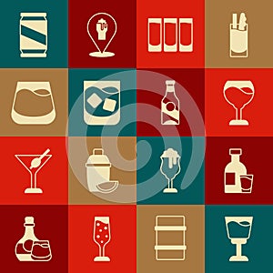 Set Wine glass, Bottle of vodka with, Shot, Glass whiskey, Beer can and bottle icon. Vector